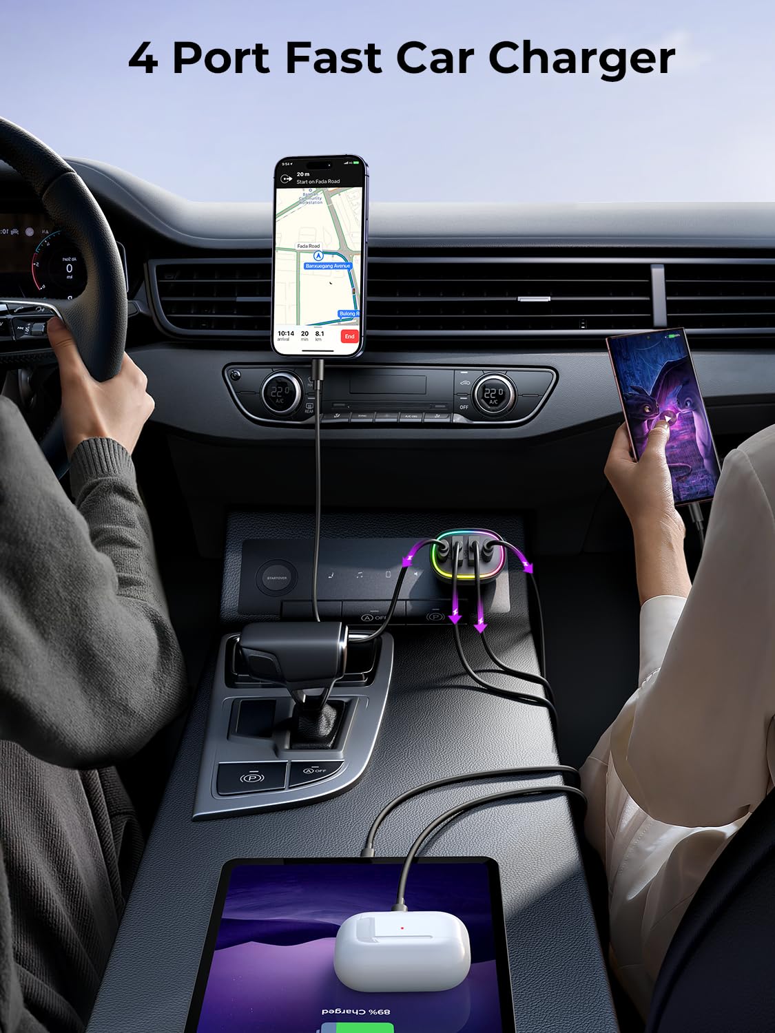 FLYLEAD Car Charger USB C 70W 4-Port Cigarette Lighter Adapter Fast Charging for iPhone 16 Ideal for Family Travel - View 3 of 7