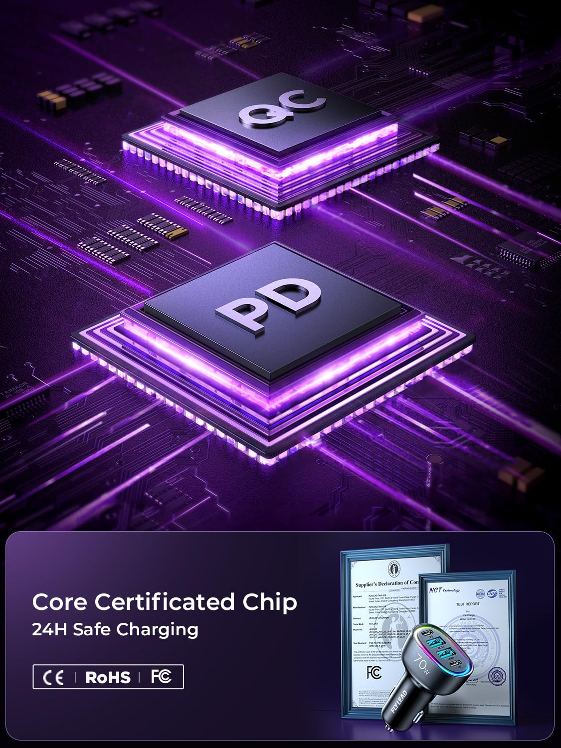 FLYLEAD Car Charger USB C 70W 4-Port Cigarette Lighter Adapter Fast Charging for iPhone 16 Ideal for Family Travel - View 5 of 7