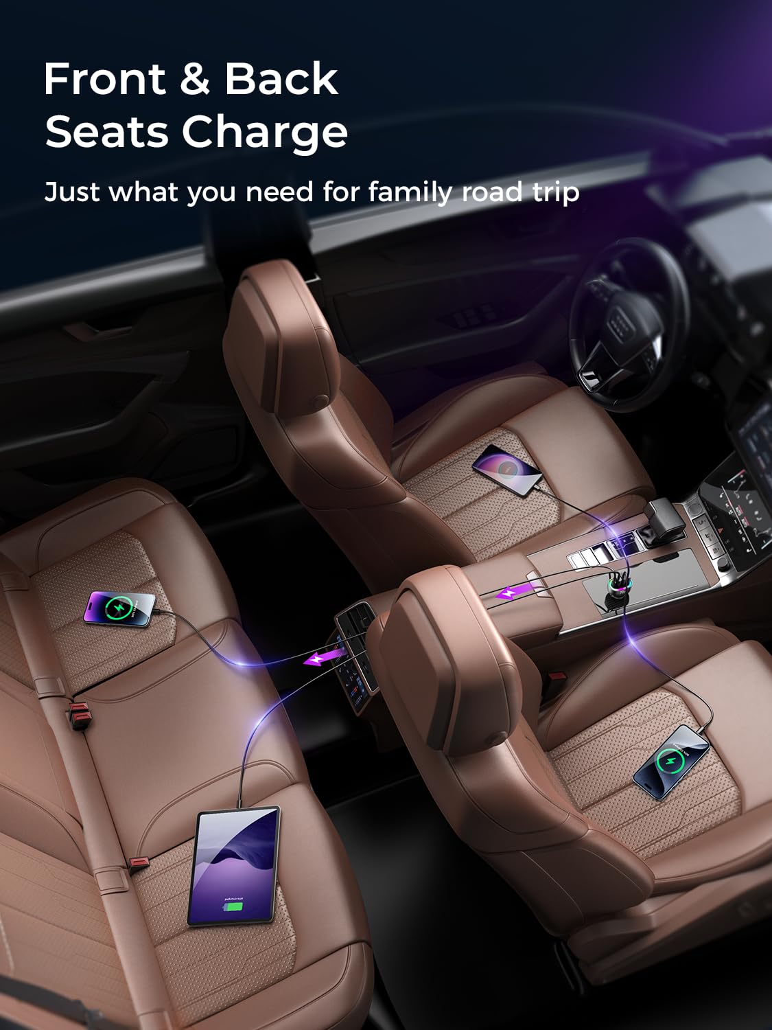 FLYLEAD Car Charger USB C 70W 4-Port Cigarette Lighter Adapter Fast Charging for iPhone 16 Ideal for Family Travel - View 6 of 7