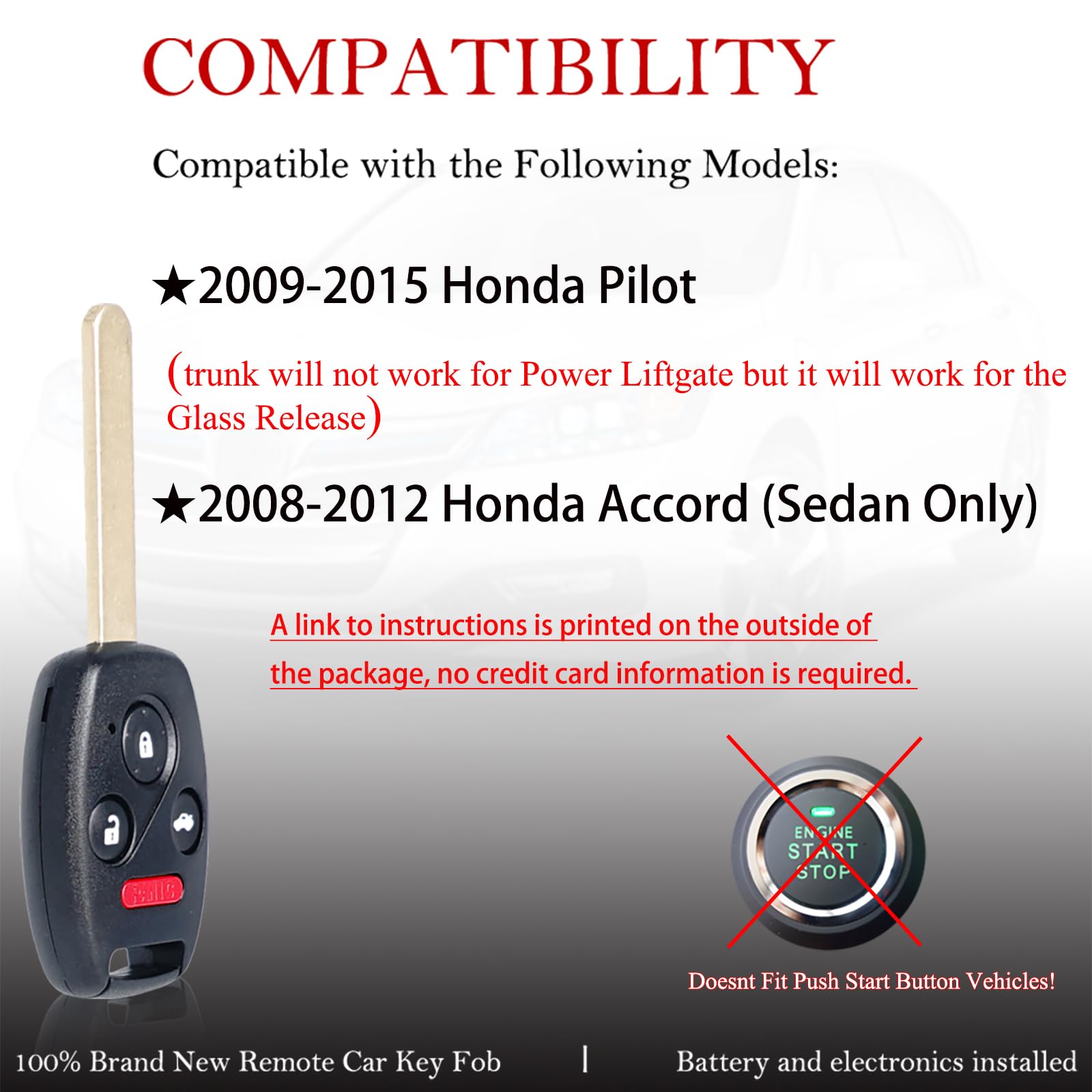 MechanMagic Key Fob Remote Replacement Fits for Honda Pilot 2009 2010 2011 2012 2013 2014 2015 Accord (Sedan Only) 2008-2012 KR55WK49308 Keyless - View 3 of 7