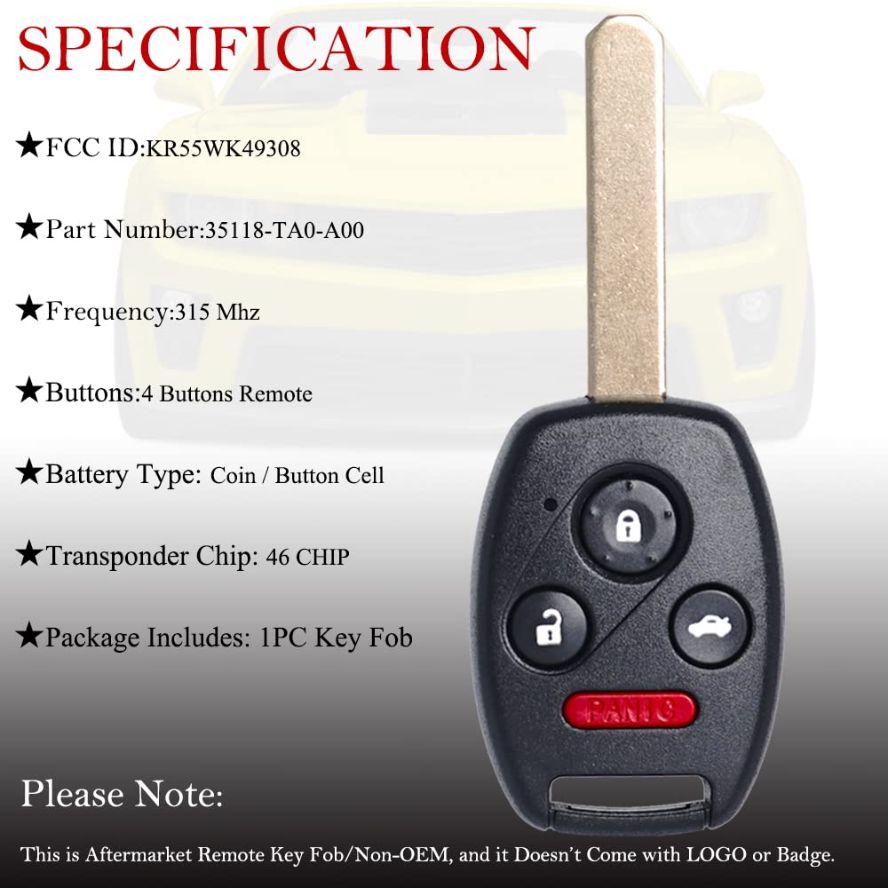 MechanMagic Key Fob Remote Replacement Fits for Honda Pilot 2009 2010 2011 2012 2013 2014 2015 Accord (Sedan Only) 2008-2012 KR55WK49308 Keyless - View 4 of 7