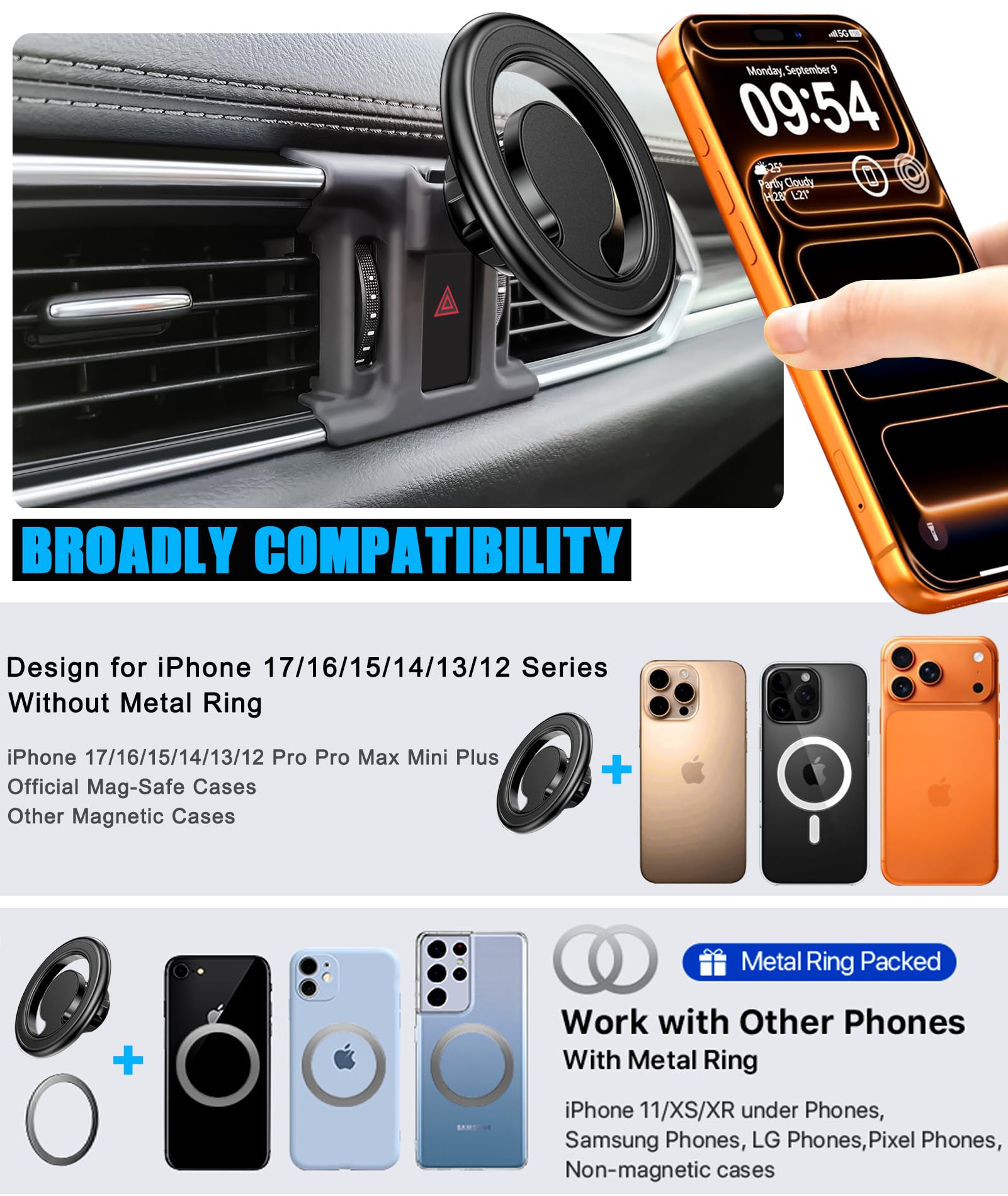 VE VE POWER Car Phone Holder, Air Vent Phone Holder, Car Mount for Mazda CX5 2017-2024, Magsafe Magnetic Navigation Stand Fit for iPhone 15 14 13 12 - View 2 of 6