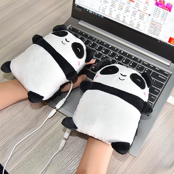 GREUS Cute Panda USB Heating Gloves Soft Plush Fingerless Heated Mittens for Winter Hand Warmers for Women Men Children Party Cosplay Halloween - View 3 of 9