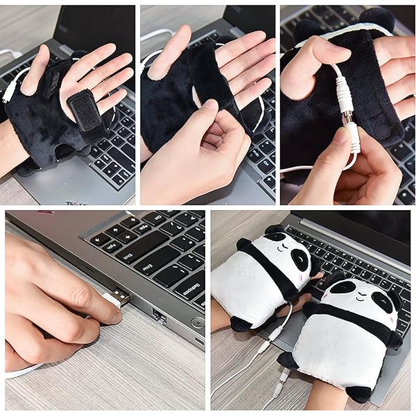 GREUS Cute Panda USB Heating Gloves Soft Plush Fingerless Heated Mittens for Winter Hand Warmers for Women Men Children Party Cosplay Halloween - View 4 of 9