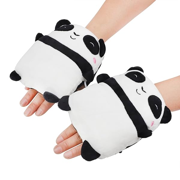 GREUS Cute Panda USB Heating Gloves Soft Plush Fingerless Heated Mittens for Winter Hand Warmers for Women Men Children Party Cosplay Halloween - View 5 of 9