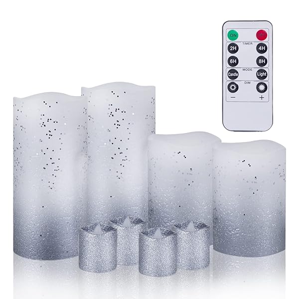 BEMOMENT,FOR THE LOVE OF HOME Bemoment Silver Dot LED Flameless Candles 8pc Set with Remote Real Wax Glittery Safe Timer Realistic Flicker Home Event Decor