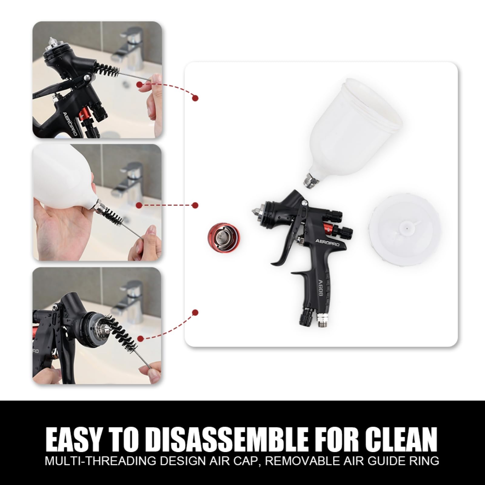 AEROPRO Tools A608 HVLP Air Spray Gun 1.3mm Nozzle 600cc Plastic Cup for Automotive Paint Body Repair and Touch Up - View 6 of 8