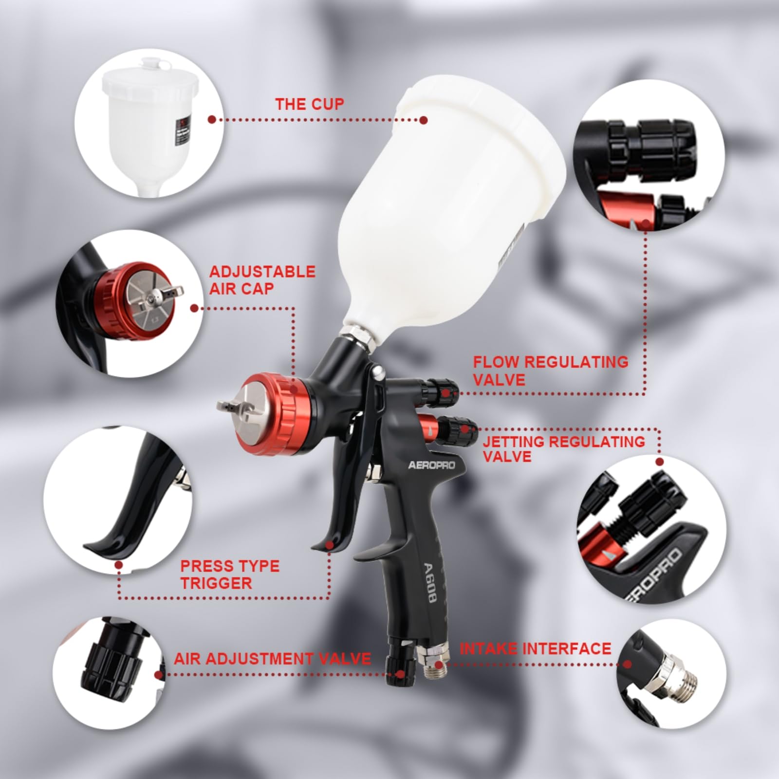 AEROPRO Tools A608 HVLP Air Spray Gun 1.3mm Nozzle 600cc Plastic Cup for Automotive Paint Body Repair and Touch Up - View 7 of 8