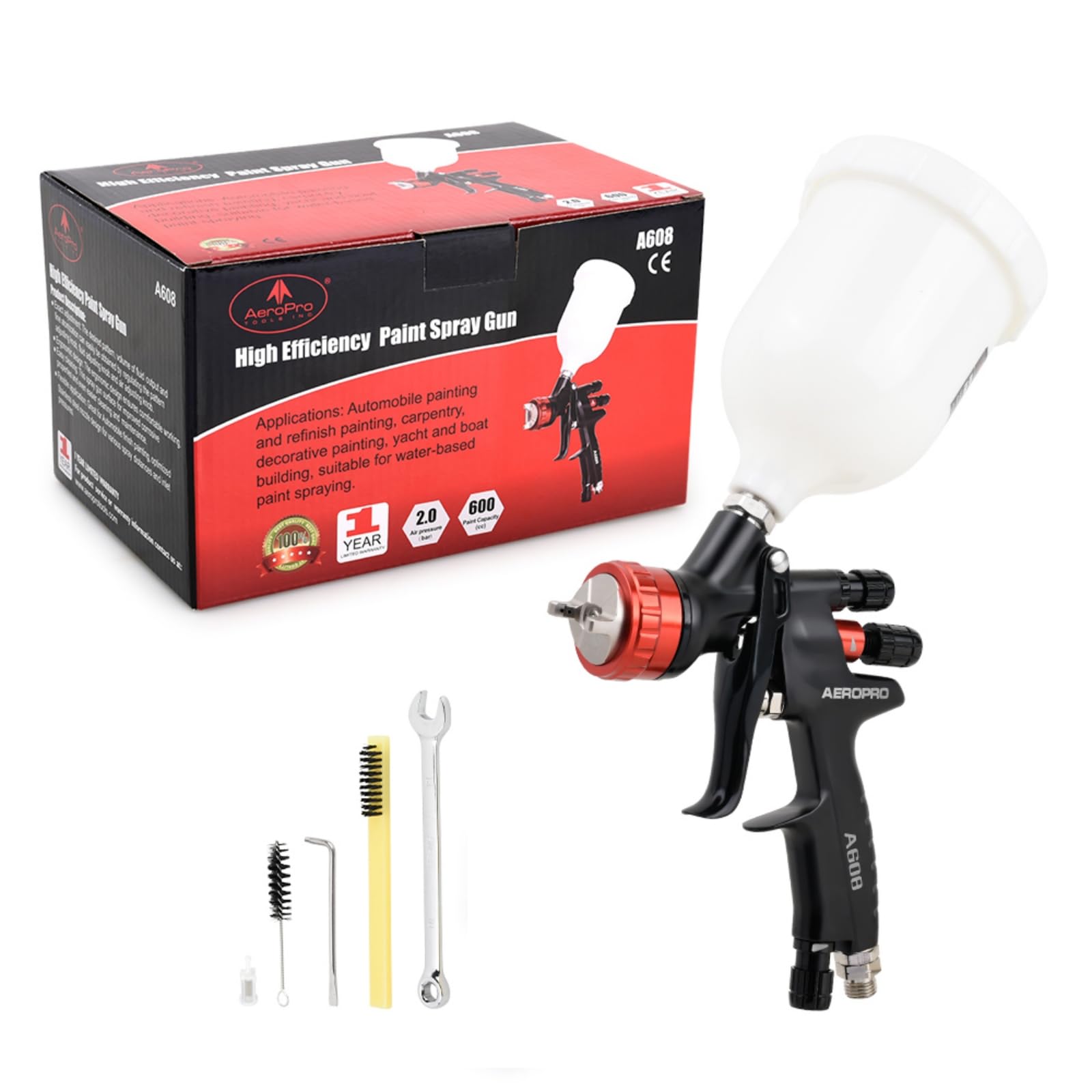 AEROPRO Tools A608 HVLP Air Spray Gun 1.3mm Nozzle 600cc Plastic Cup for Automotive Paint Body Repair and Touch Up - View 8 of 8
