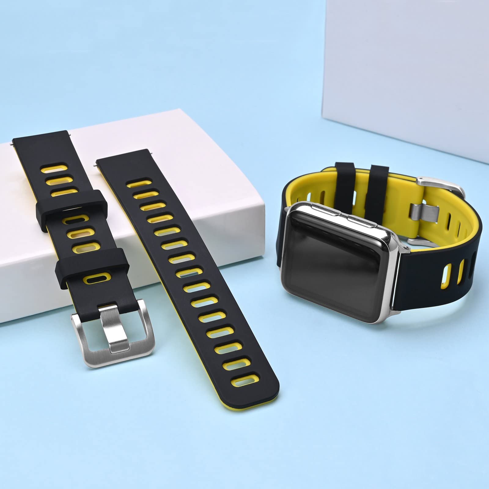 WOCCI WOCCI 18mm Bicolor Silicone Rubber Watch Band Quick Release Replacement Strap for Men and Women Black Yellow with Silver Buckle - View 7 of 9