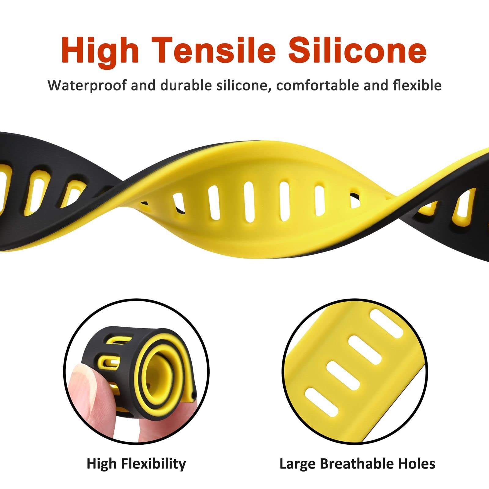 WOCCI WOCCI 18mm Bicolor Silicone Rubber Watch Band Quick Release Replacement Strap for Men and Women Black Yellow with Silver Buckle - View 8 of 9