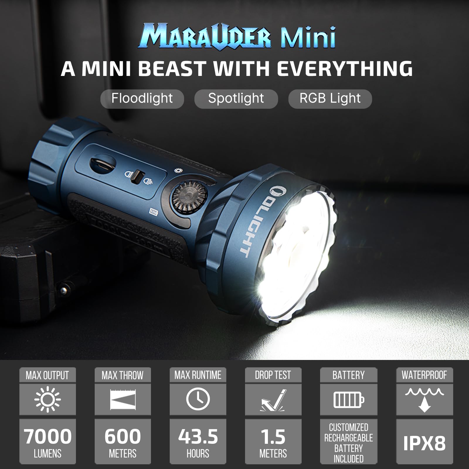 OLIGHT Marauder Mini 7,000 Lumens Bright Flashlight with 600 Meters Beam Distance, Powerful RGB Lights, Magnetic Rechargeable for Outdoors Work, - View 2 of 9