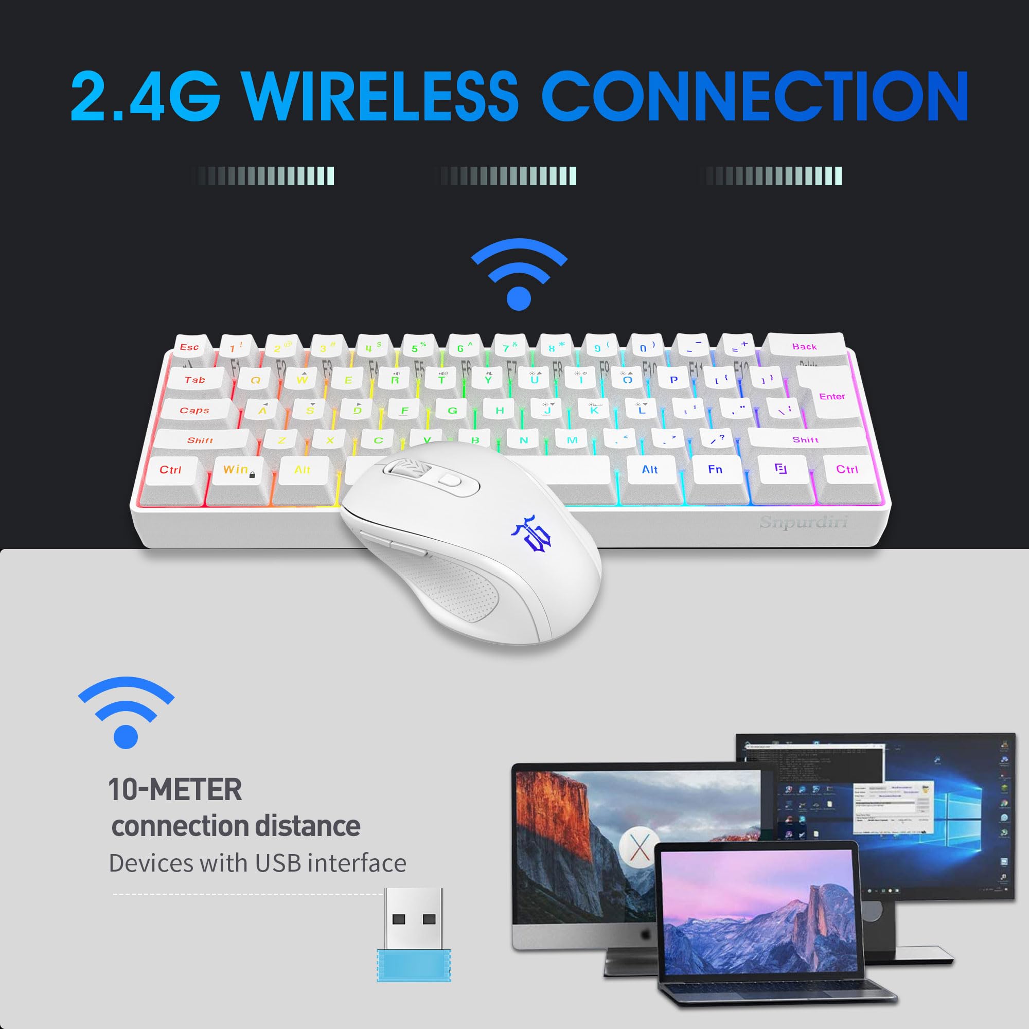 Snpurdiri 2.4G Wireless Gaming Keyboard and Mouse Combo, Include Small 60% Merchanical Feel Ergonomic Design Mini Wireless Mouse(White) - View 2 of 7