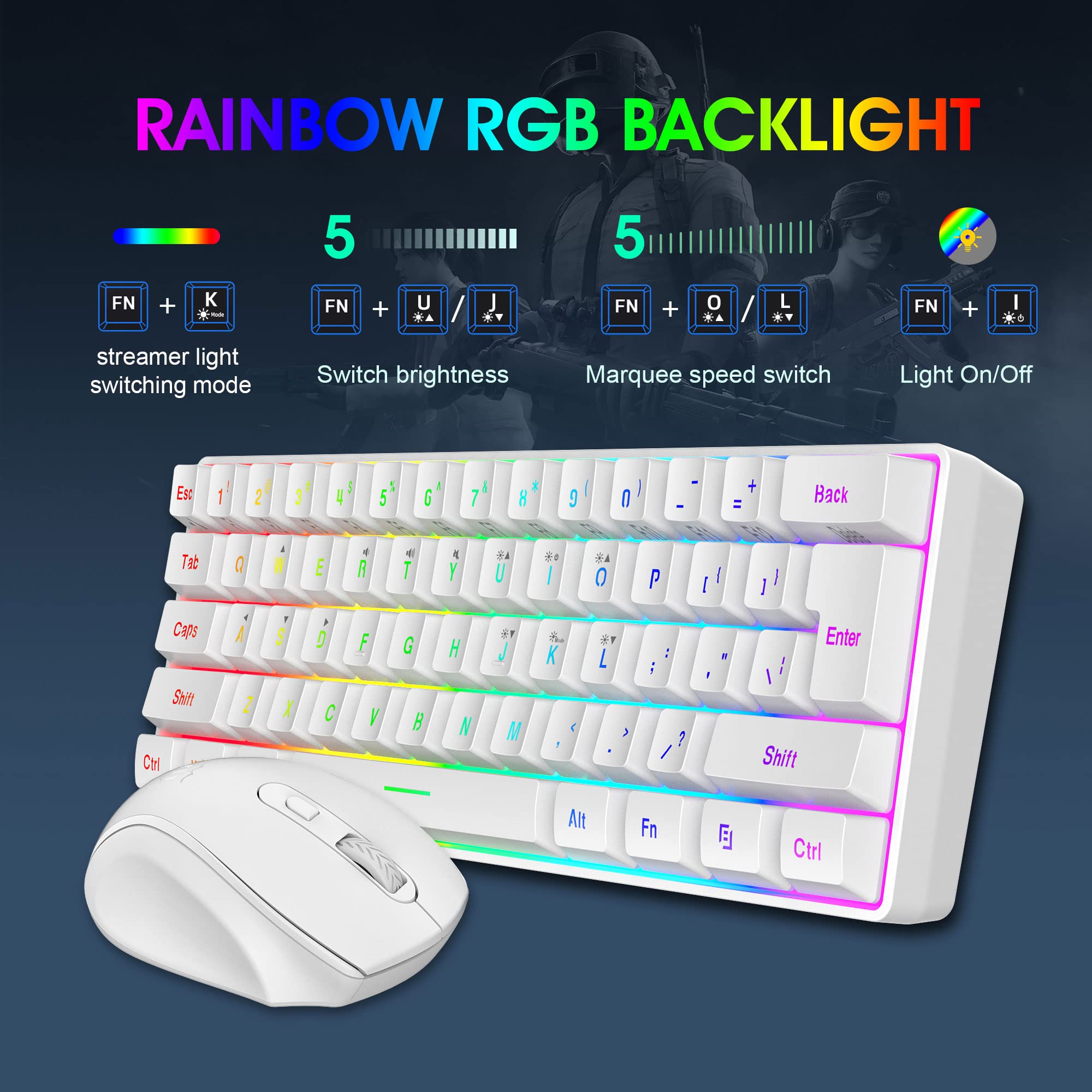 Snpurdiri 2.4G Wireless Gaming Keyboard and Mouse Combo, Include Small 60% Merchanical Feel Ergonomic Design Mini Wireless Mouse(White) - View 4 of 7