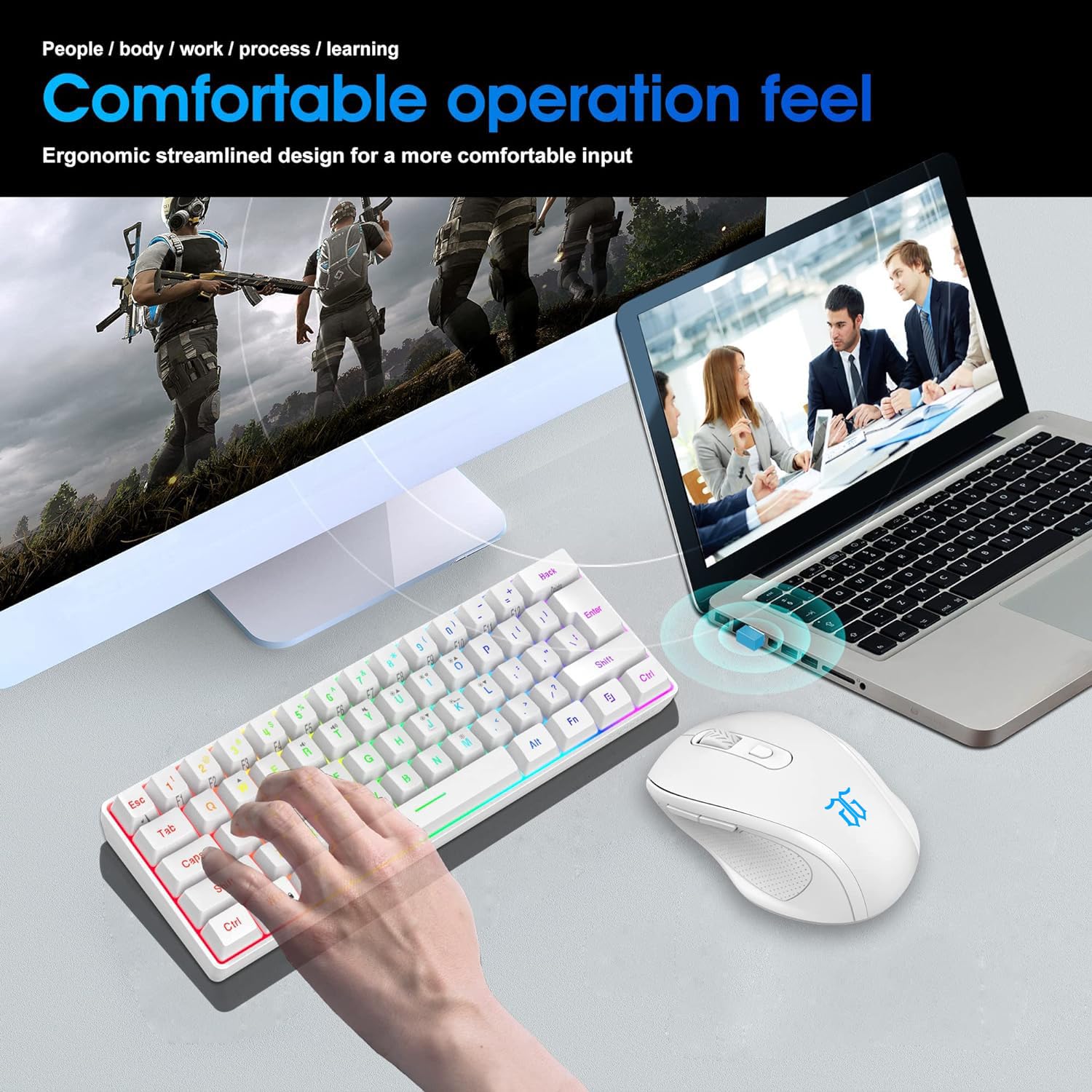 Snpurdiri 2.4G Wireless Gaming Keyboard and Mouse Combo, Include Small 60% Merchanical Feel Ergonomic Design Mini Wireless Mouse(White) - View 7 of 7
