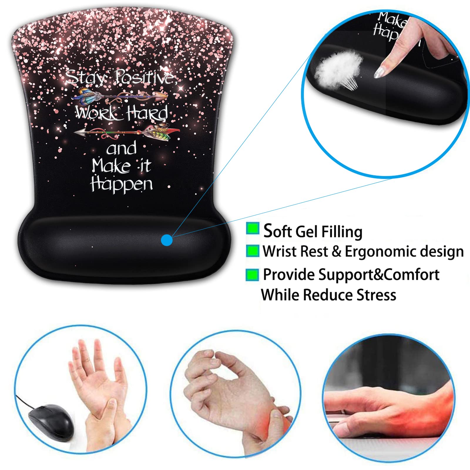 Mouse Pad with Wrist Support, Ergonomic Gel Mouse Pad, Memory Foam Keyboard Wrist Rest, Suitable for Office Typing, Games, Desktop Decoration, Rose - View 4 of 7