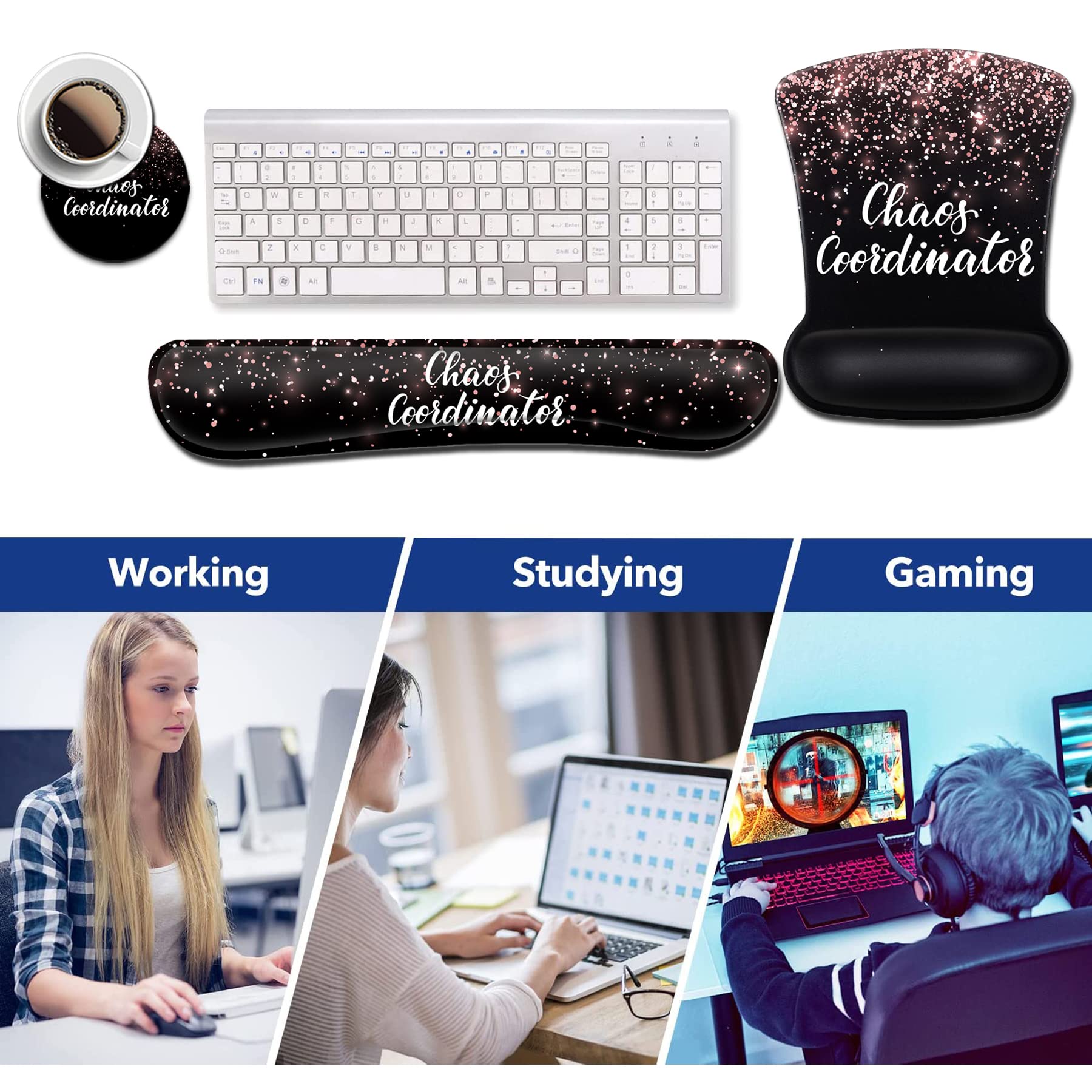 Ergonomic Mouse Pad with Wrist Support, Black Mouse Pads with Non-Slip PU Base for Home Office Working Studying Easy Typing and Pain Relief,Chaos - View 6 of 7