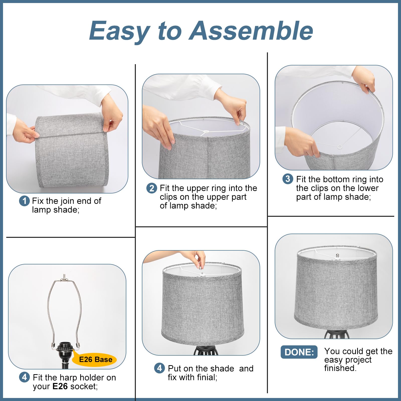 Seaside village Drum Lampshades Set of 2 Gray Fabric 12.6 x 11.6 Inches Easy Assembly Spider Fitter Home Decor Lighting - View 3 of 6