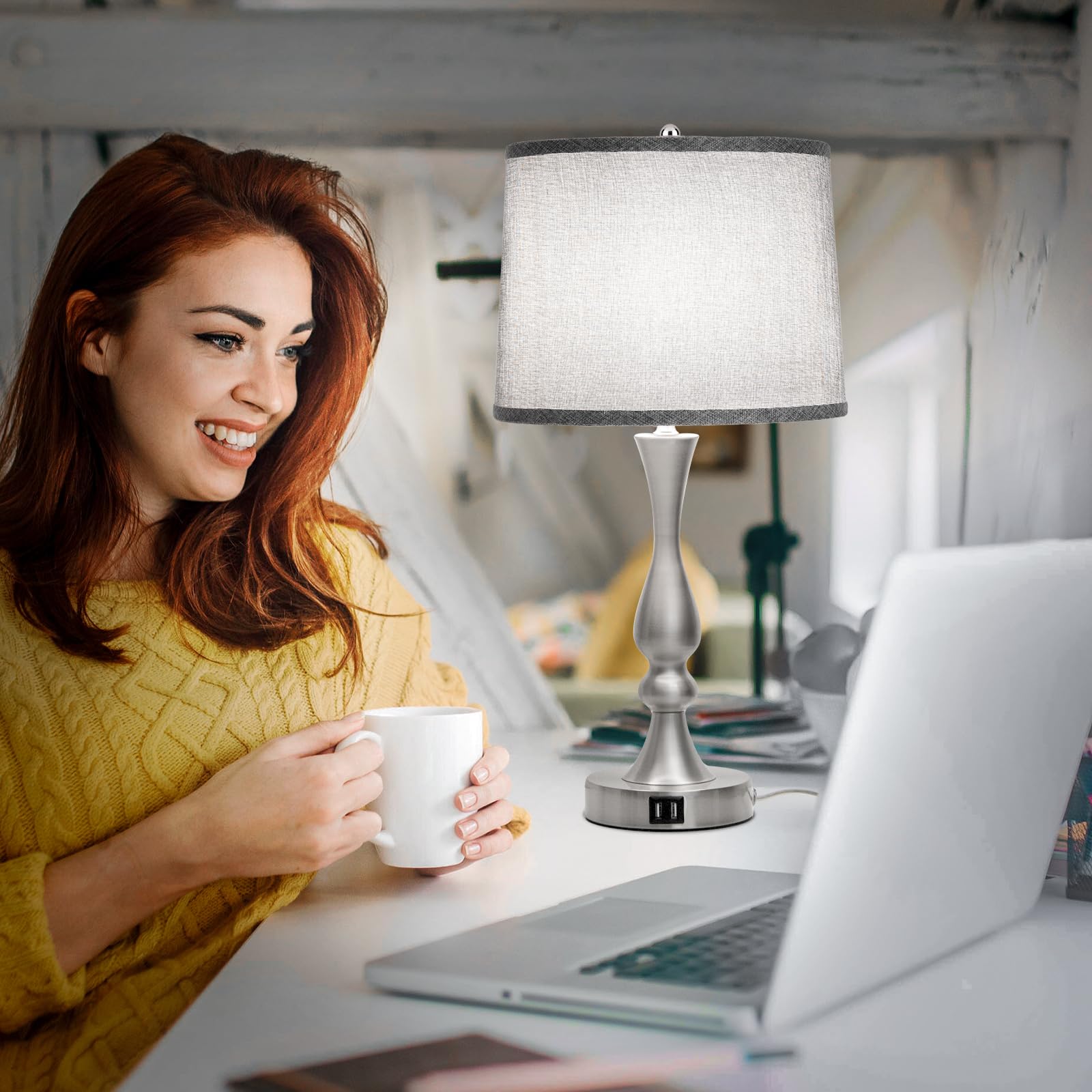 Seaside village Drum Lampshades Set of 2 Gray Fabric 12.6 x 11.6 Inches Easy Assembly Spider Fitter Home Decor Lighting - View 4 of 6