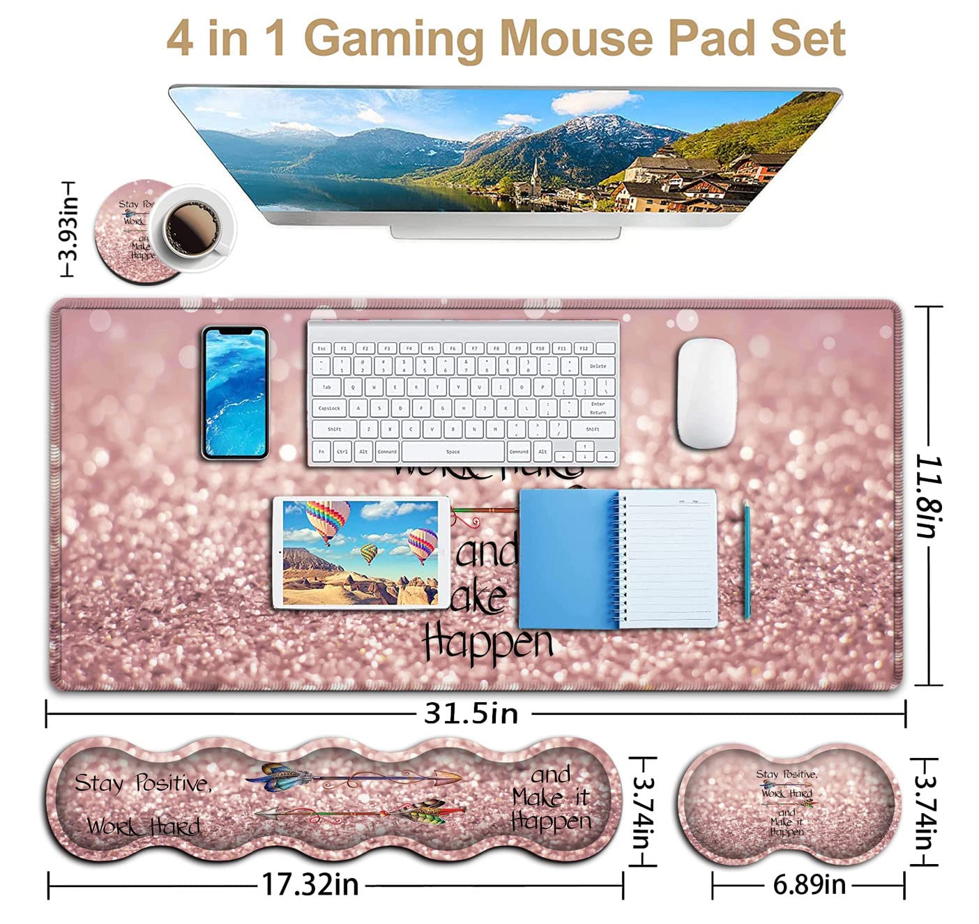 Pink Mouse Pad,Keyboard Mouse Pad Set,Extended Gaming Mouse Pad + Memory Foam Keyboard Wrist Rest Support, Pink Glitter Office Desk Mat Writing Pad - View 3 of 7