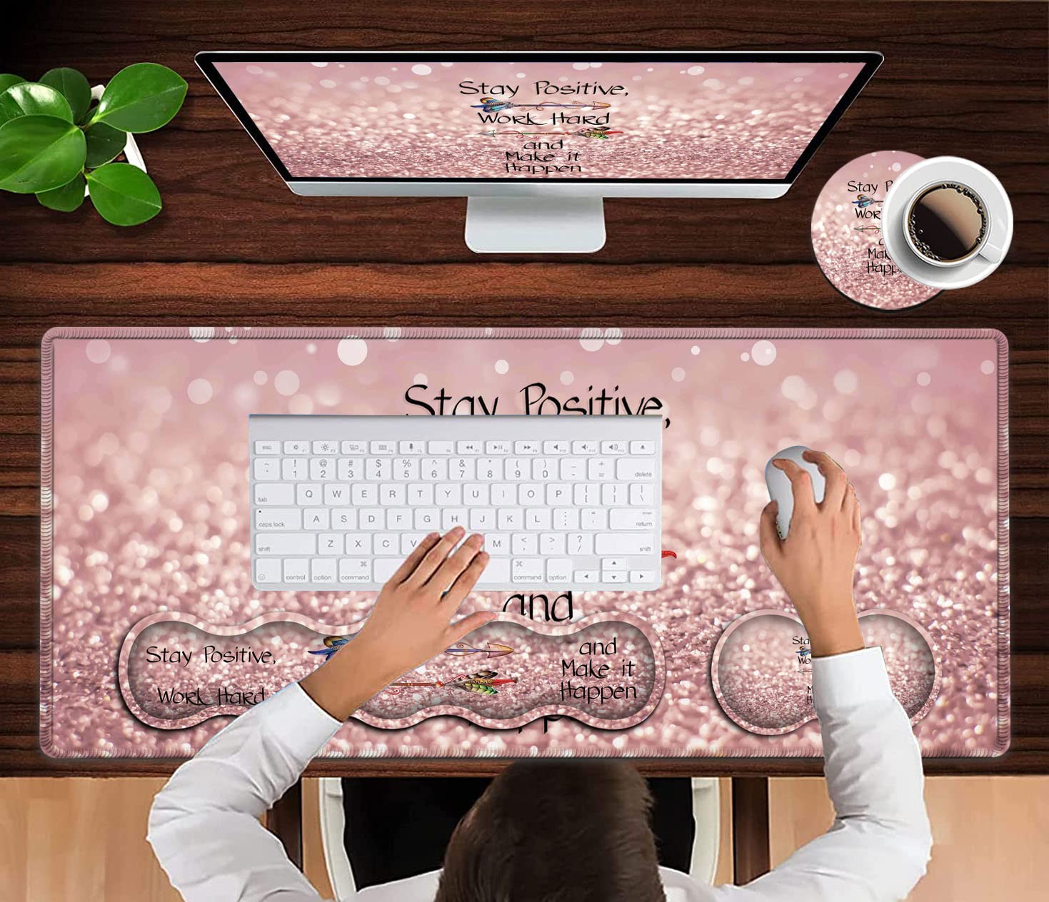 Pink Mouse Pad,Keyboard Mouse Pad Set,Extended Gaming Mouse Pad + Memory Foam Keyboard Wrist Rest Support, Pink Glitter Office Desk Mat Writing Pad - View 4 of 7