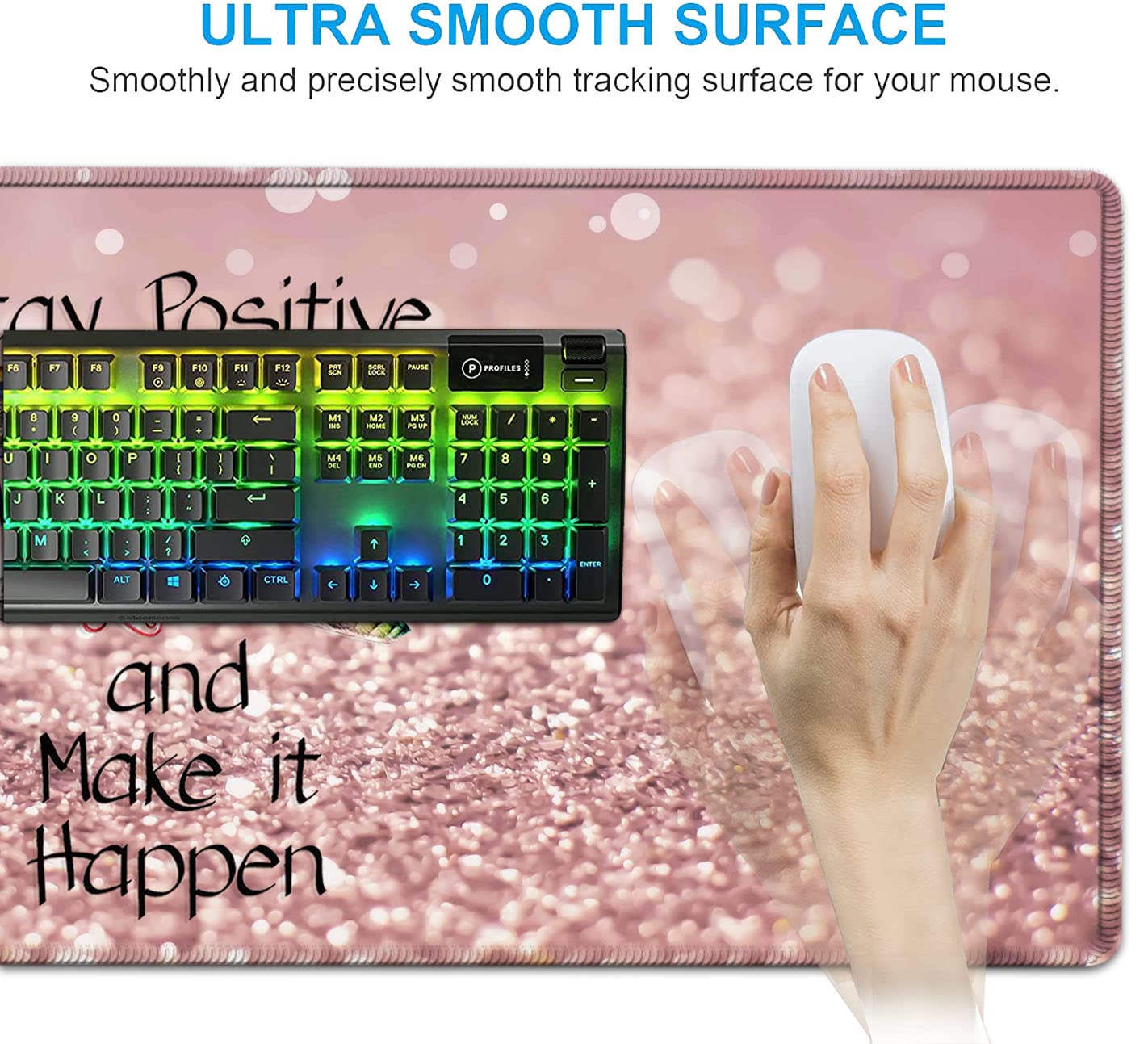 Pink Mouse Pad,Keyboard Mouse Pad Set,Extended Gaming Mouse Pad + Memory Foam Keyboard Wrist Rest Support, Pink Glitter Office Desk Mat Writing Pad - View 5 of 7