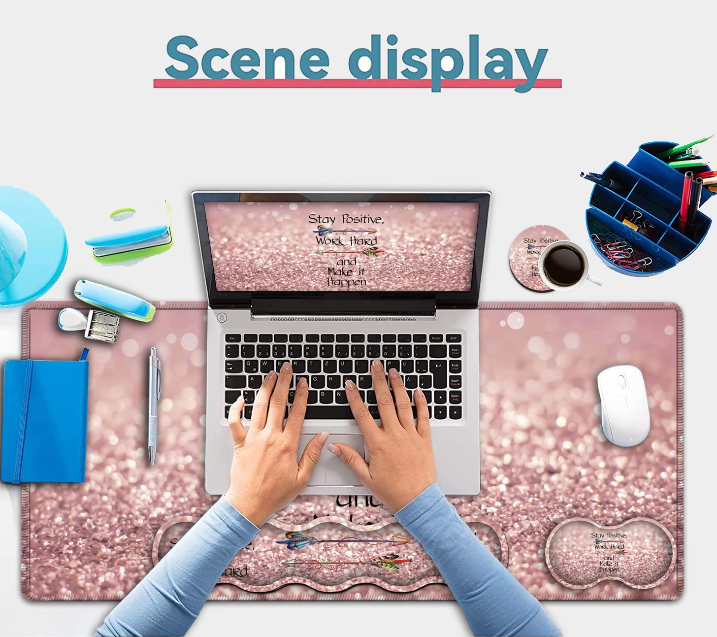 Pink Mouse Pad,Keyboard Mouse Pad Set,Extended Gaming Mouse Pad + Memory Foam Keyboard Wrist Rest Support, Pink Glitter Office Desk Mat Writing Pad - View 7 of 7