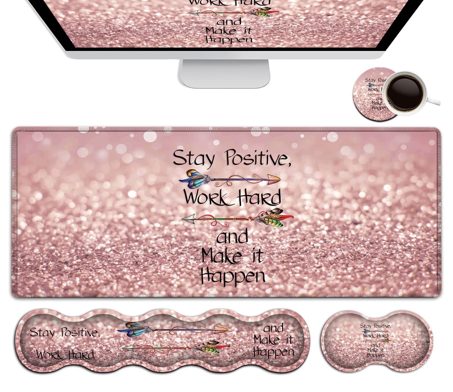 Pink Mouse Pad,Keyboard Mouse Pad Set,Extended Gaming Mouse Pad + Memory Foam Keyboard Wrist Rest Support, Pink Glitter Office Desk Mat Writing Pad