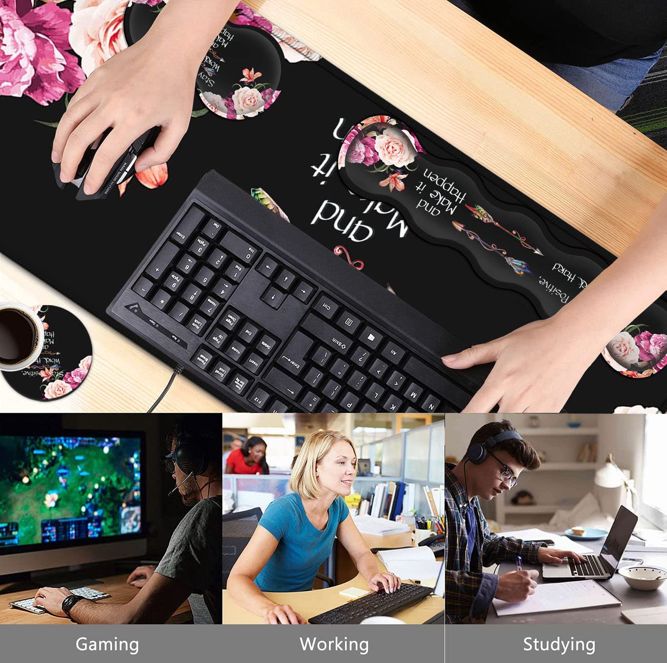 Large Mouse Pad with Wrist Support Set,Memory Foam Keyboard Wrist Rest +XXL Extended Gaming Mouse Pad + Ergonomic Mouse Wrist Pad,Peony Flower - View 2 of 8