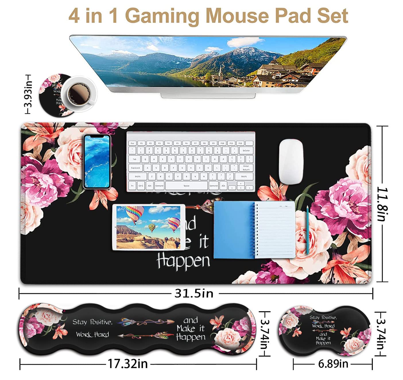 Large Mouse Pad with Wrist Support Set,Memory Foam Keyboard Wrist Rest +XXL Extended Gaming Mouse Pad + Ergonomic Mouse Wrist Pad,Peony Flower - View 3 of 8
