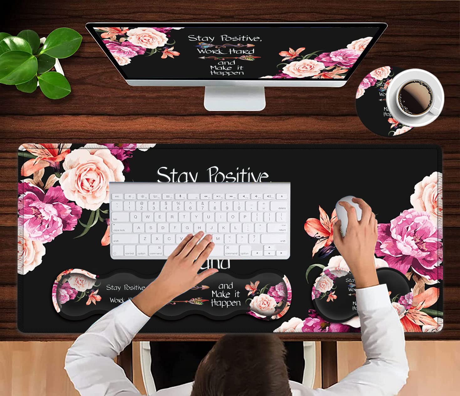 Large Mouse Pad with Wrist Support Set,Memory Foam Keyboard Wrist Rest +XXL Extended Gaming Mouse Pad + Ergonomic Mouse Wrist Pad,Peony Flower - View 4 of 8
