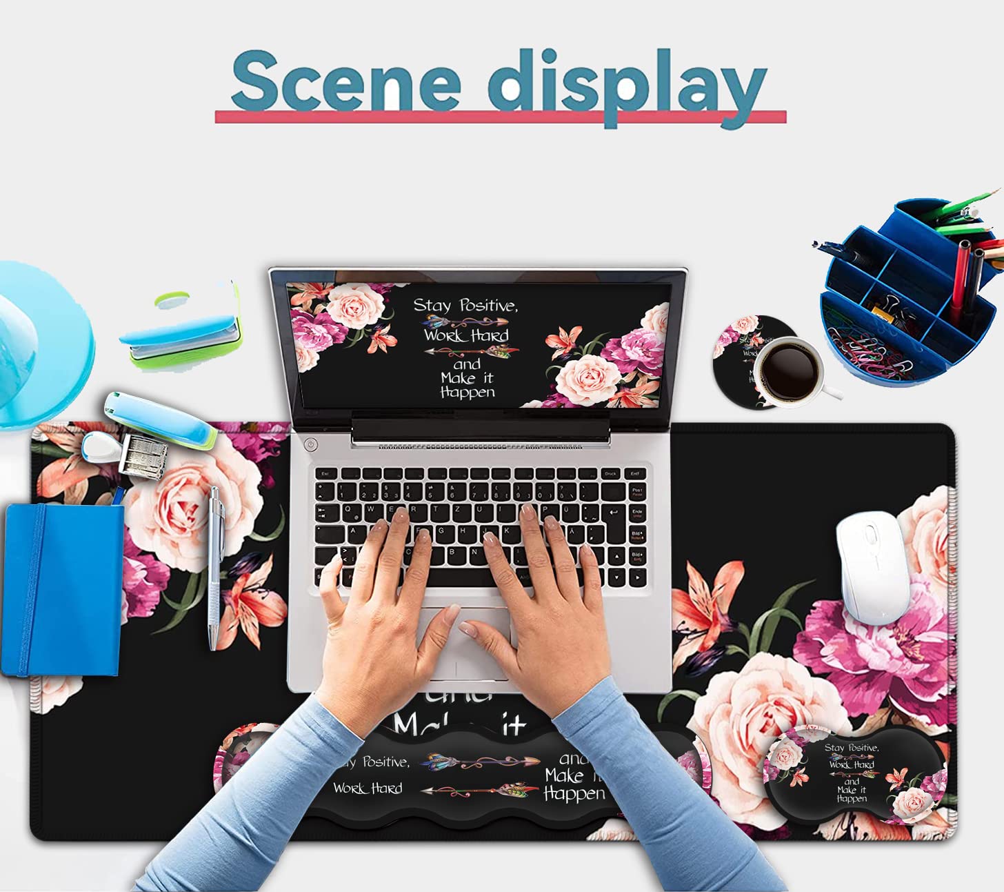 Large Mouse Pad with Wrist Support Set,Memory Foam Keyboard Wrist Rest +XXL Extended Gaming Mouse Pad + Ergonomic Mouse Wrist Pad,Peony Flower - View 7 of 8