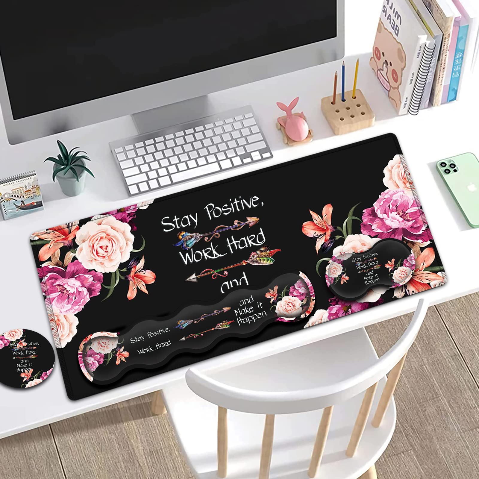 Large Mouse Pad with Wrist Support Set,Memory Foam Keyboard Wrist Rest +XXL Extended Gaming Mouse Pad + Ergonomic Mouse Wrist Pad,Peony Flower - View 8 of 8
