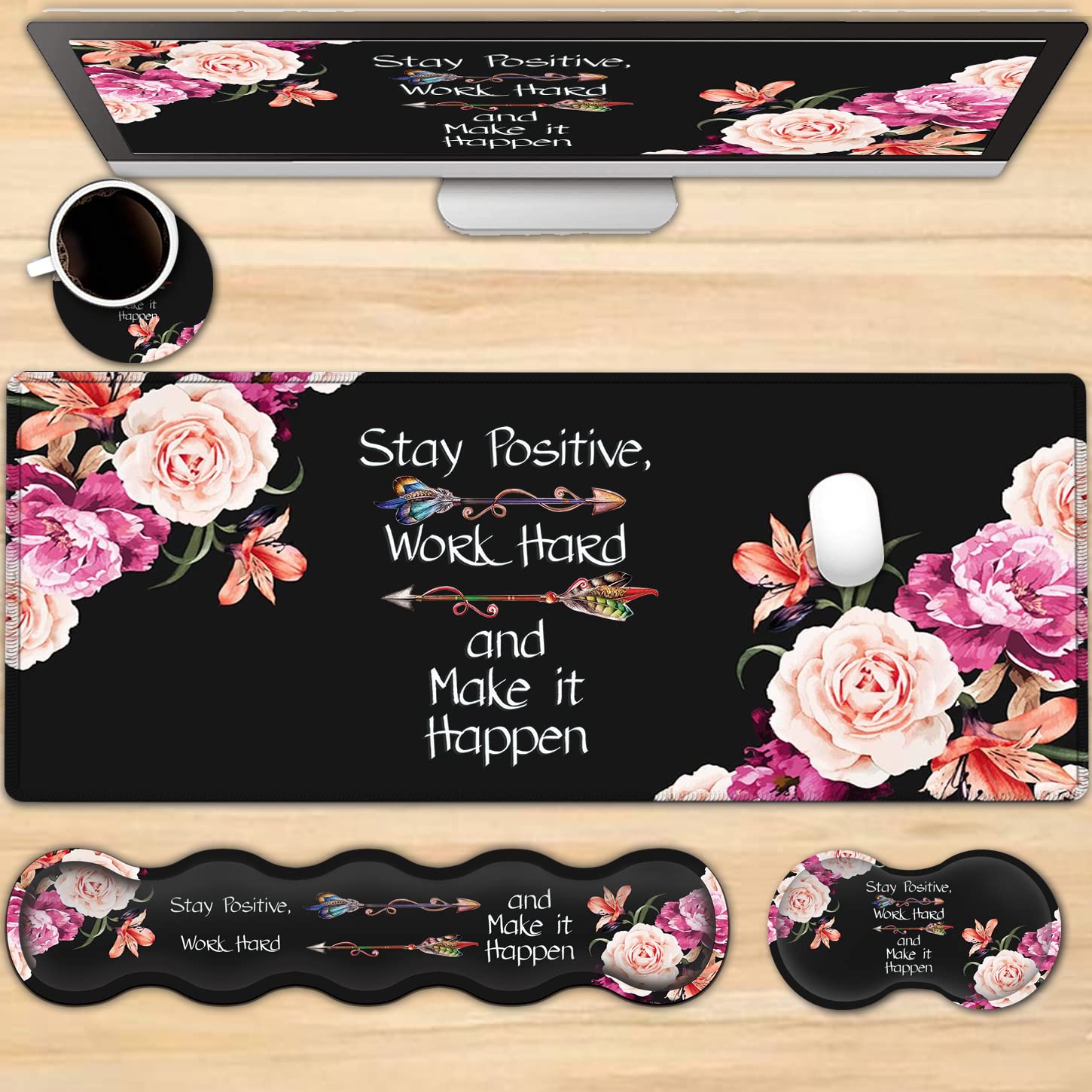 Large Mouse Pad with Wrist Support Set,Memory Foam Keyboard Wrist Rest +XXL Extended Gaming Mouse Pad + Ergonomic Mouse Wrist Pad,Peony Flower