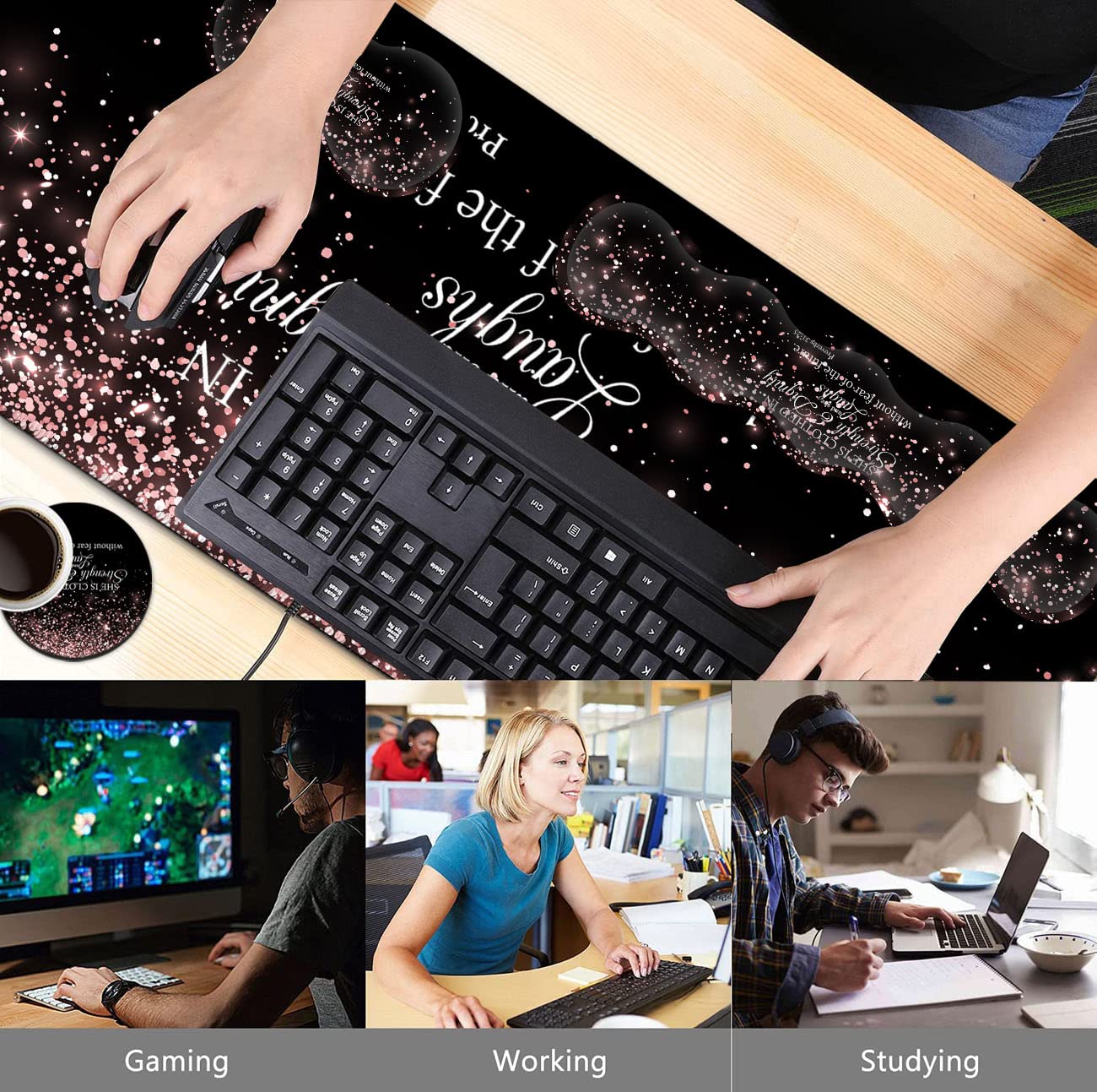 Large Mouse Pad,Ergonomic Mouse Wrist Support+Keyboard Wrist Rest Set+Extended Gaming Mouse Pad Proverbs 31:25 Bible Rose Gold Office Desk Mat - View 2 of 7