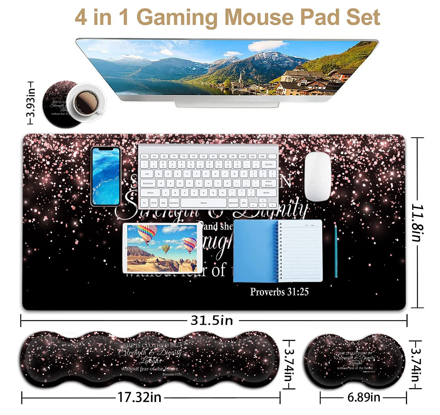 Large Mouse Pad,Ergonomic Mouse Wrist Support+Keyboard Wrist Rest Set+Extended Gaming Mouse Pad Proverbs 31:25 Bible Rose Gold Office Desk Mat - View 3 of 7