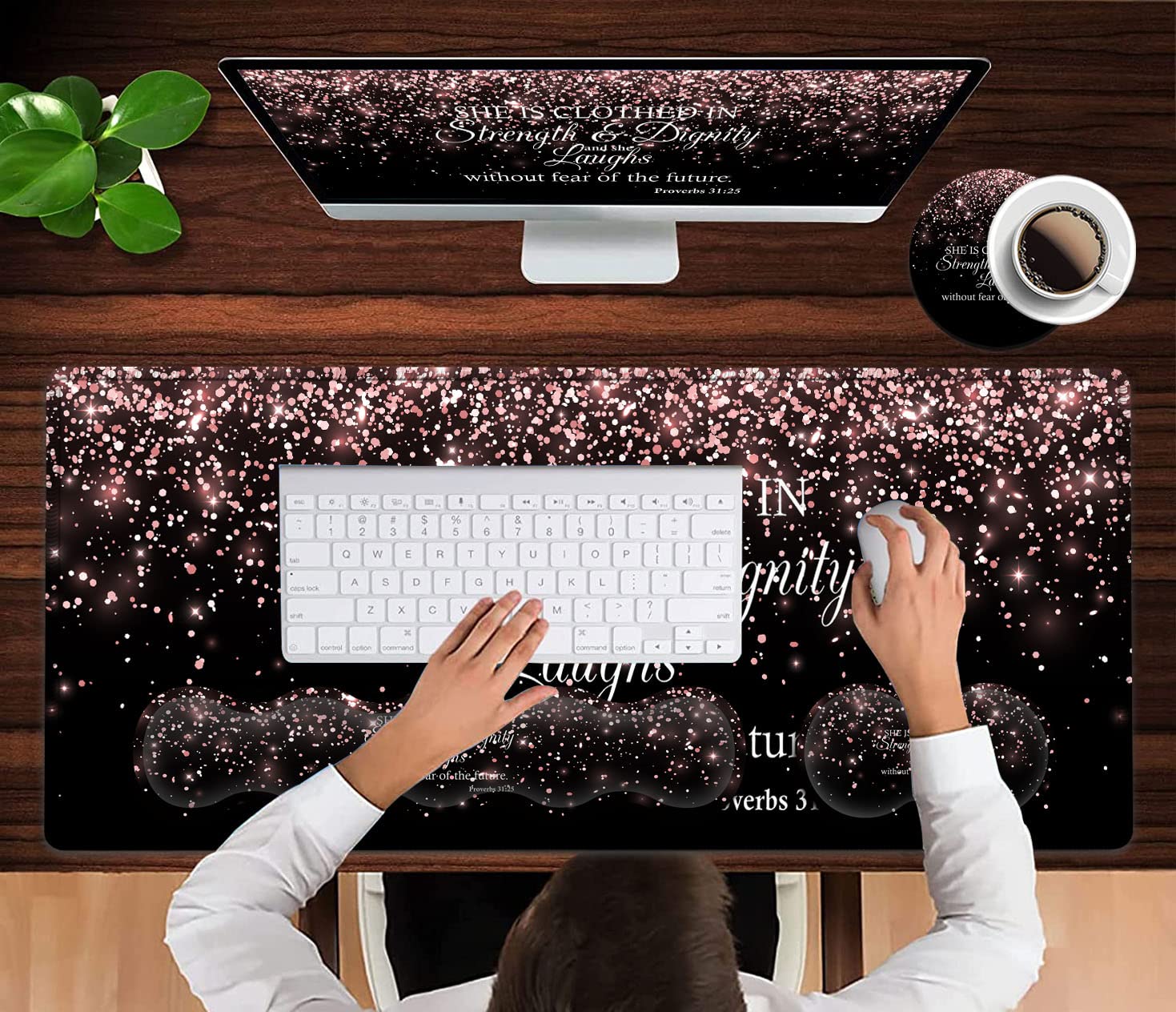 Large Mouse Pad,Ergonomic Mouse Wrist Support+Keyboard Wrist Rest Set+Extended Gaming Mouse Pad Proverbs 31:25 Bible Rose Gold Office Desk Mat - View 4 of 7