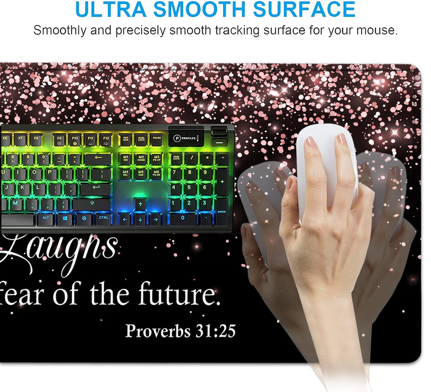 Large Mouse Pad,Ergonomic Mouse Wrist Support+Keyboard Wrist Rest Set+Extended Gaming Mouse Pad Proverbs 31:25 Bible Rose Gold Office Desk Mat - View 5 of 7