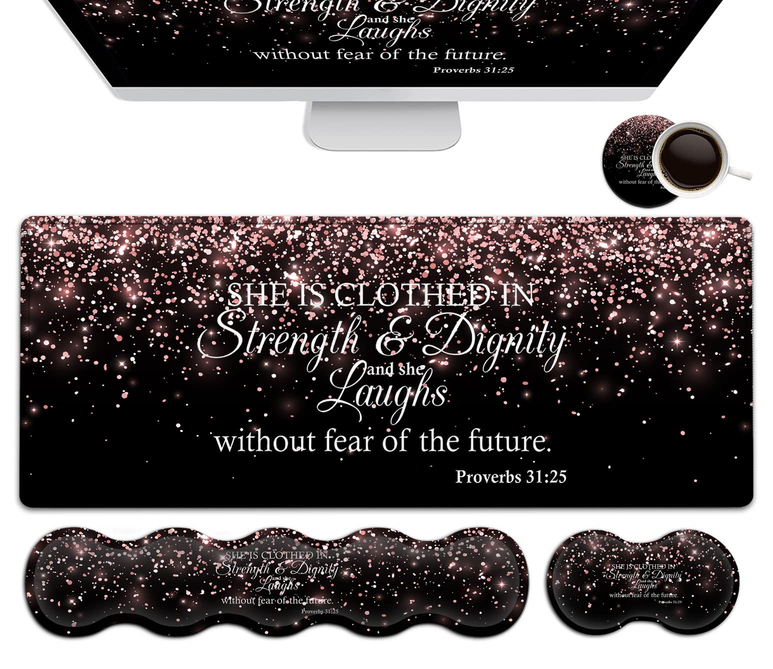 Large Mouse Pad,Ergonomic Mouse Wrist Support+Keyboard Wrist Rest Set+Extended Gaming Mouse Pad Proverbs 31:25 Bible Rose Gold Office Desk Mat