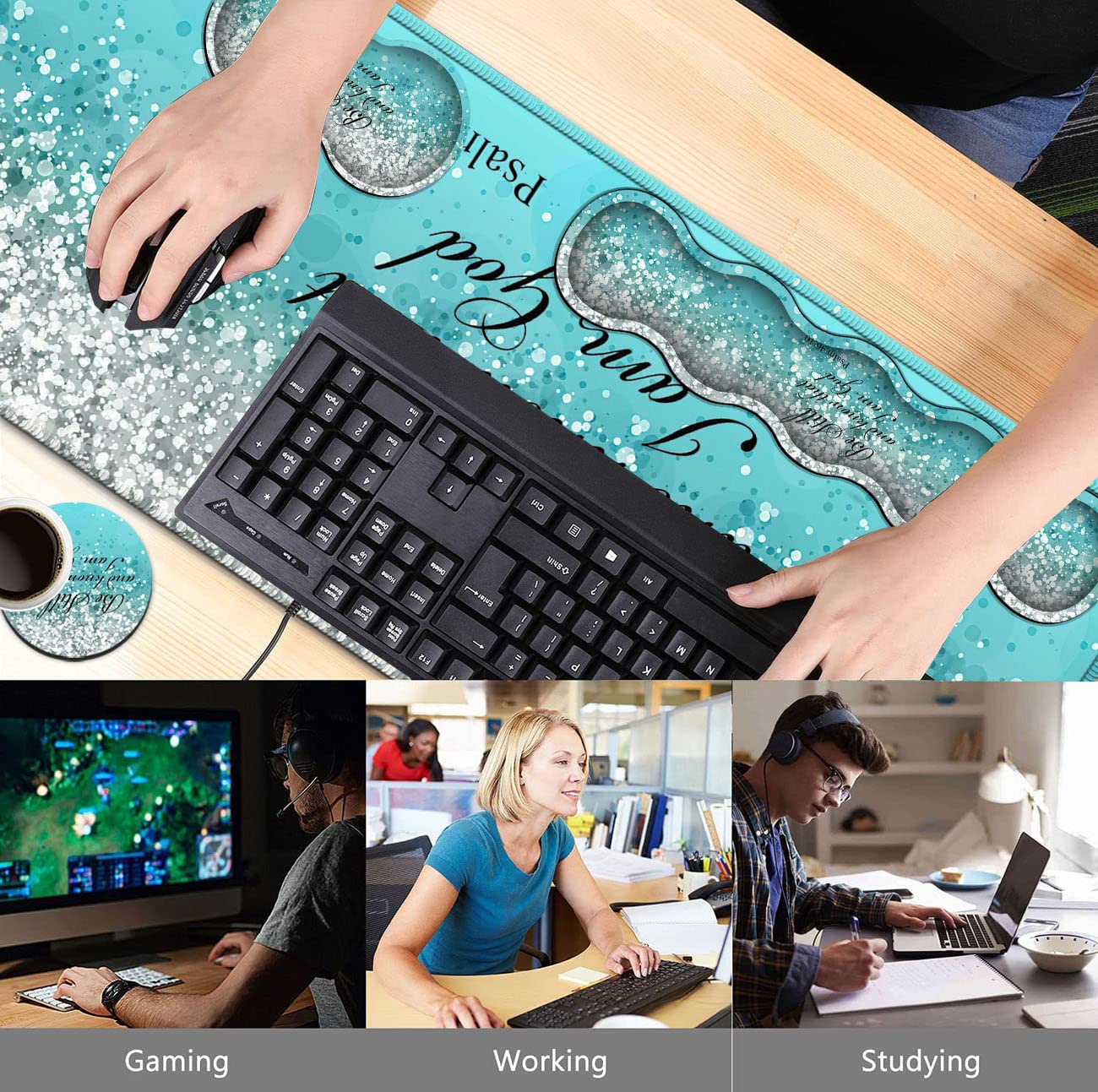 Keyboard Mouse Pad Set,Extended Gaming Mouse Pad + Memory Foam Keyboard Wrist Rest Support, Psalm 46-10 Blue Glitter Office Desk Mat Writing Pad Easy - View 2 of 7