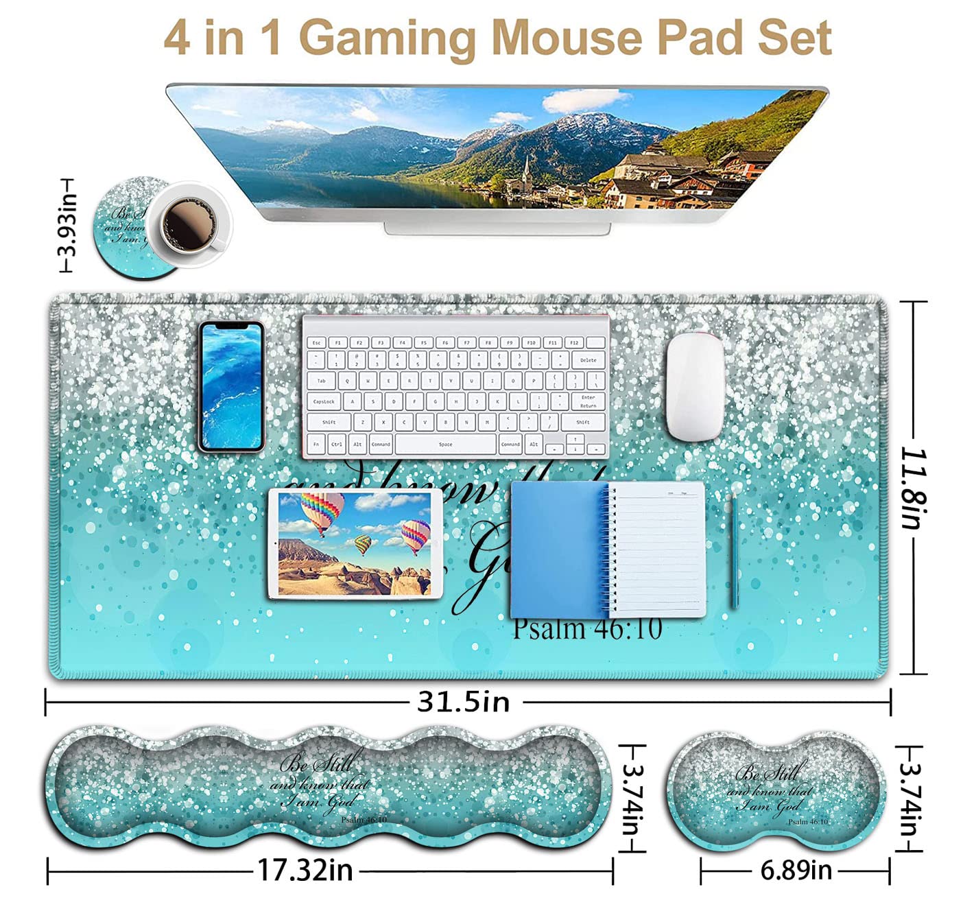 Keyboard Mouse Pad Set,Extended Gaming Mouse Pad + Memory Foam Keyboard Wrist Rest Support, Psalm 46-10 Blue Glitter Office Desk Mat Writing Pad Easy - View 3 of 7
