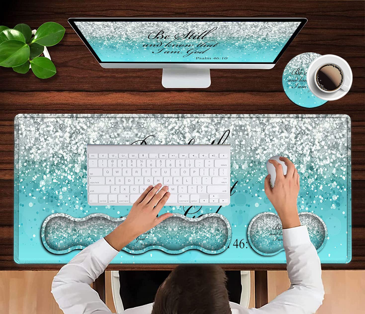Keyboard Mouse Pad Set,Extended Gaming Mouse Pad + Memory Foam Keyboard Wrist Rest Support, Psalm 46-10 Blue Glitter Office Desk Mat Writing Pad Easy - View 4 of 7