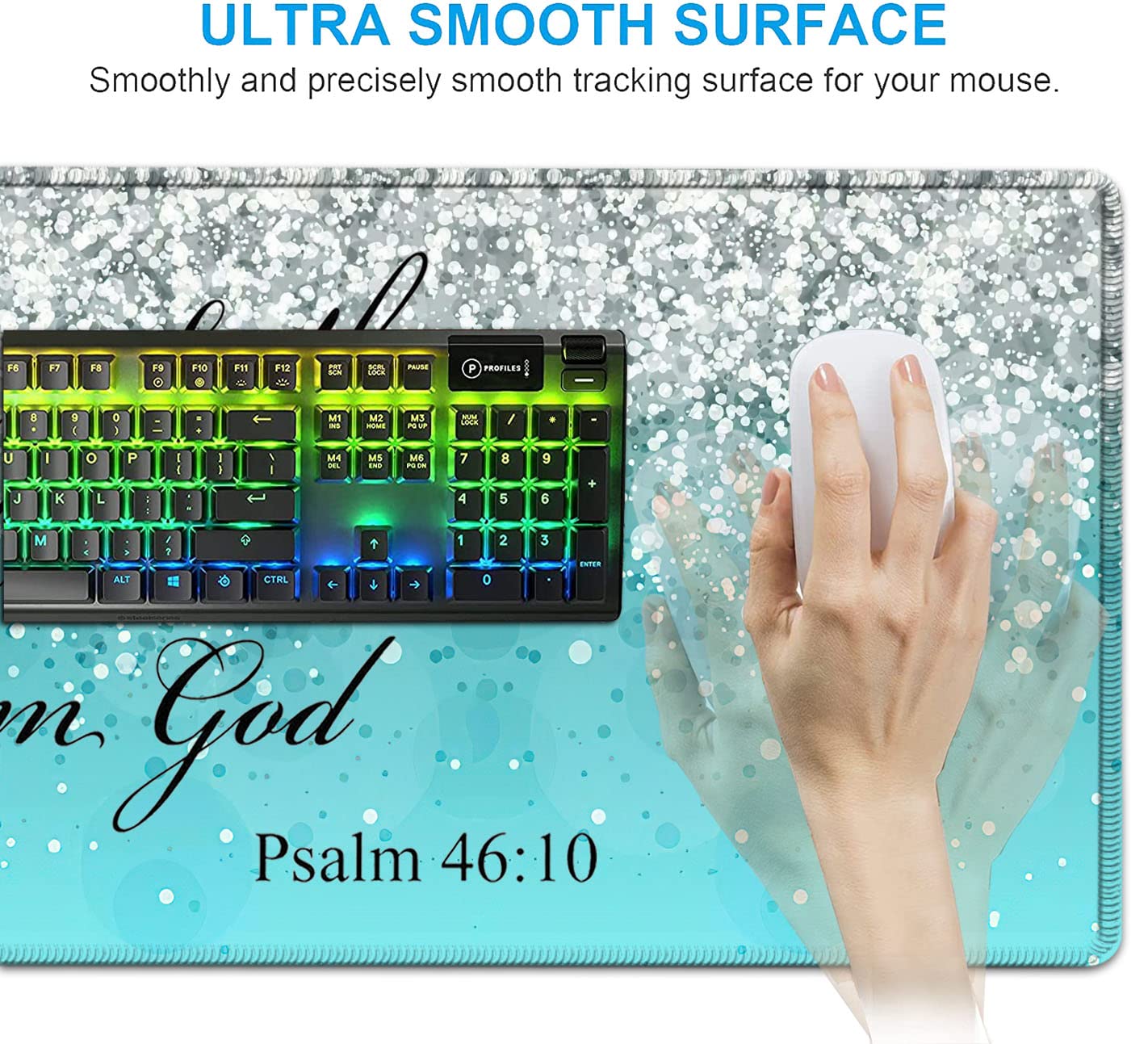 Keyboard Mouse Pad Set,Extended Gaming Mouse Pad + Memory Foam Keyboard Wrist Rest Support, Psalm 46-10 Blue Glitter Office Desk Mat Writing Pad Easy - View 5 of 7