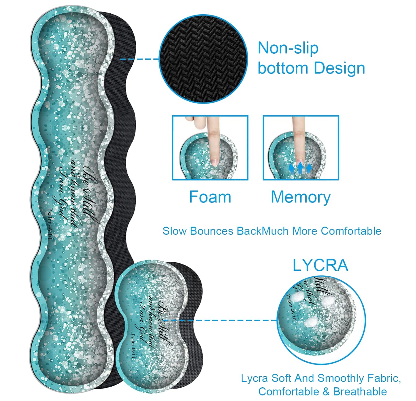 Keyboard Mouse Pad Set,Extended Gaming Mouse Pad + Memory Foam Keyboard Wrist Rest Support, Psalm 46-10 Blue Glitter Office Desk Mat Writing Pad Easy - View 6 of 7