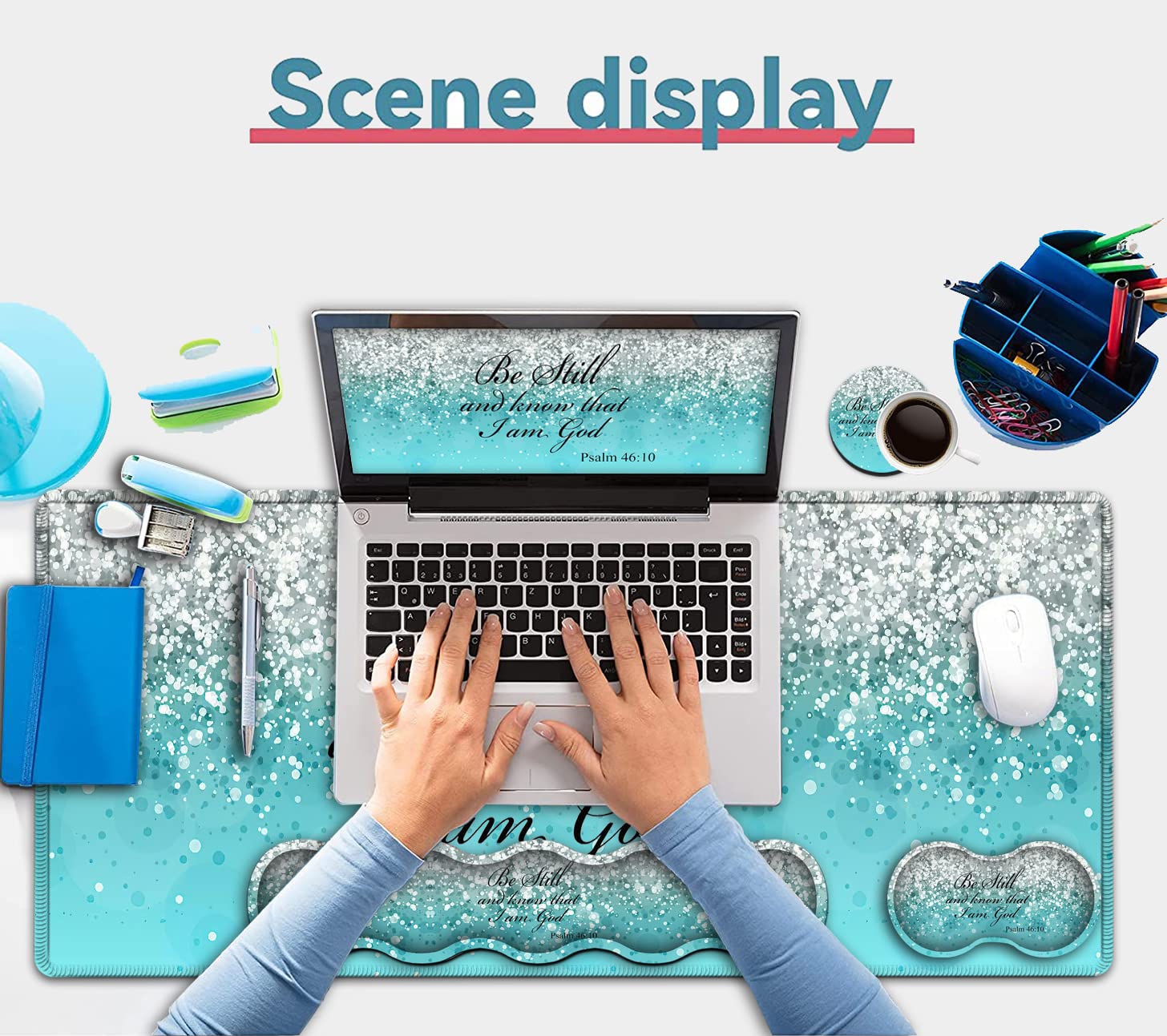 Keyboard Mouse Pad Set,Extended Gaming Mouse Pad + Memory Foam Keyboard Wrist Rest Support, Psalm 46-10 Blue Glitter Office Desk Mat Writing Pad Easy - View 7 of 7