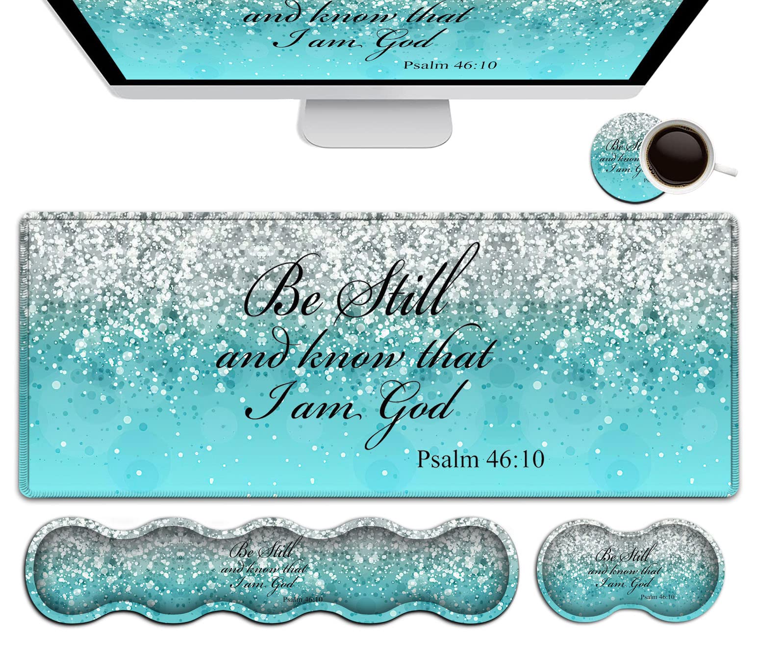 Keyboard Mouse Pad Set,Extended Gaming Mouse Pad + Memory Foam Keyboard Wrist Rest Support, Psalm 46-10 Blue Glitter Office Desk Mat Writing Pad Easy