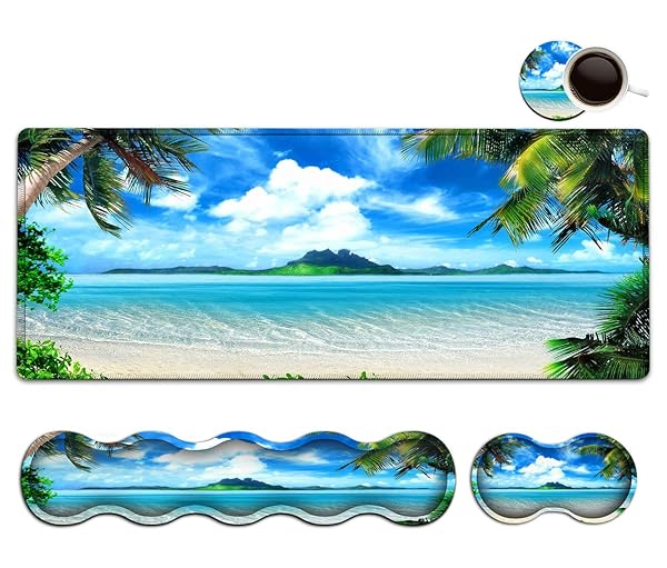 FDHHKJUKO Large Mouse Pad and Ergonomic Wrist Rest Set with Coconut Trees Beach Design for Home Office and Gaming - View 2 of 9