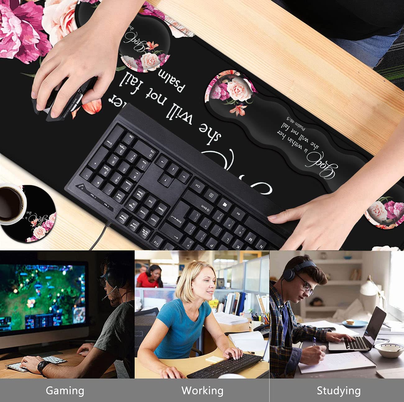 Large Mouse Pad with Wrist Support Set,Memory Foam Keyboard Wrist Rest +XXL Extended Gaming Mouse Pad +Ergonomic Mouse Wrist Pad, Peony Flower Psalm - View 2 of 7