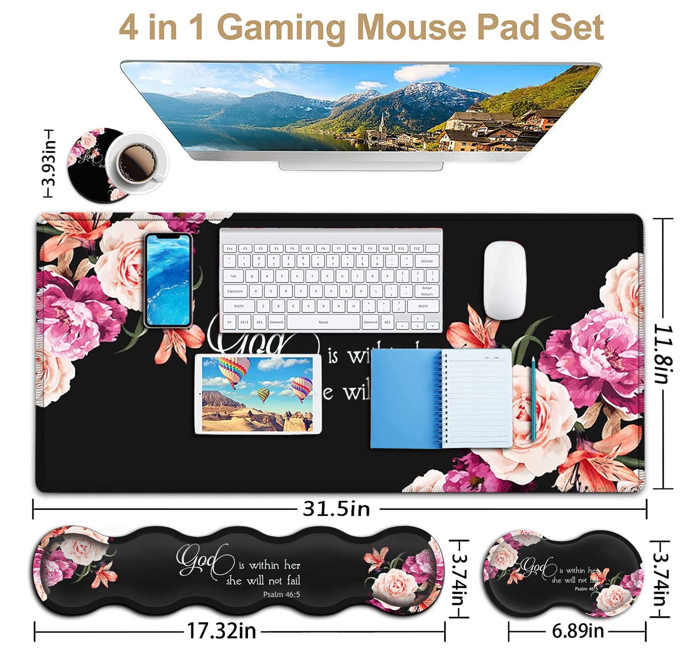Large Mouse Pad with Wrist Support Set,Memory Foam Keyboard Wrist Rest +XXL Extended Gaming Mouse Pad +Ergonomic Mouse Wrist Pad, Peony Flower Psalm - View 3 of 7