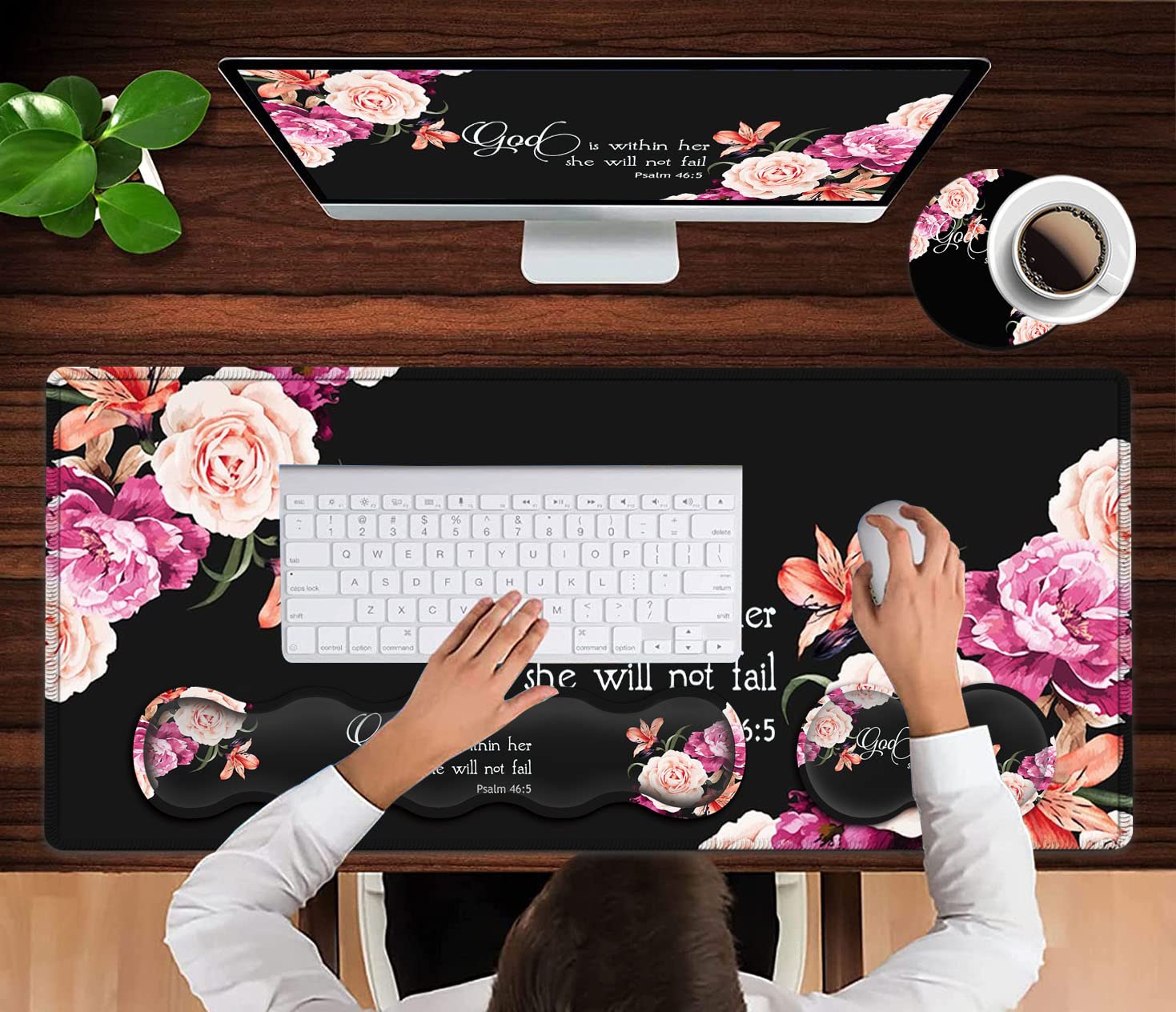 Large Mouse Pad with Wrist Support Set,Memory Foam Keyboard Wrist Rest +XXL Extended Gaming Mouse Pad +Ergonomic Mouse Wrist Pad, Peony Flower Psalm - View 4 of 7